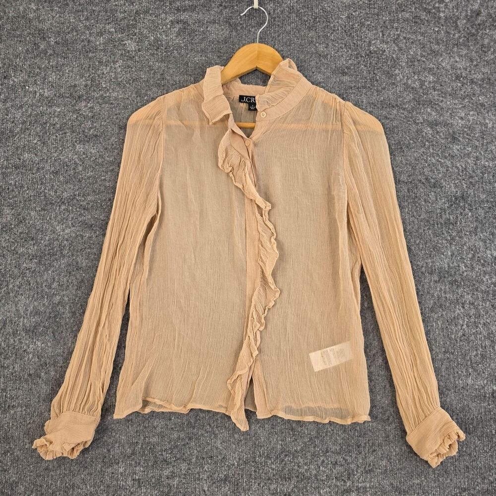 J.Crew Top Womens 0 Sheer Ruffle Button Up Shirt Beige Blouse Spring Office Work